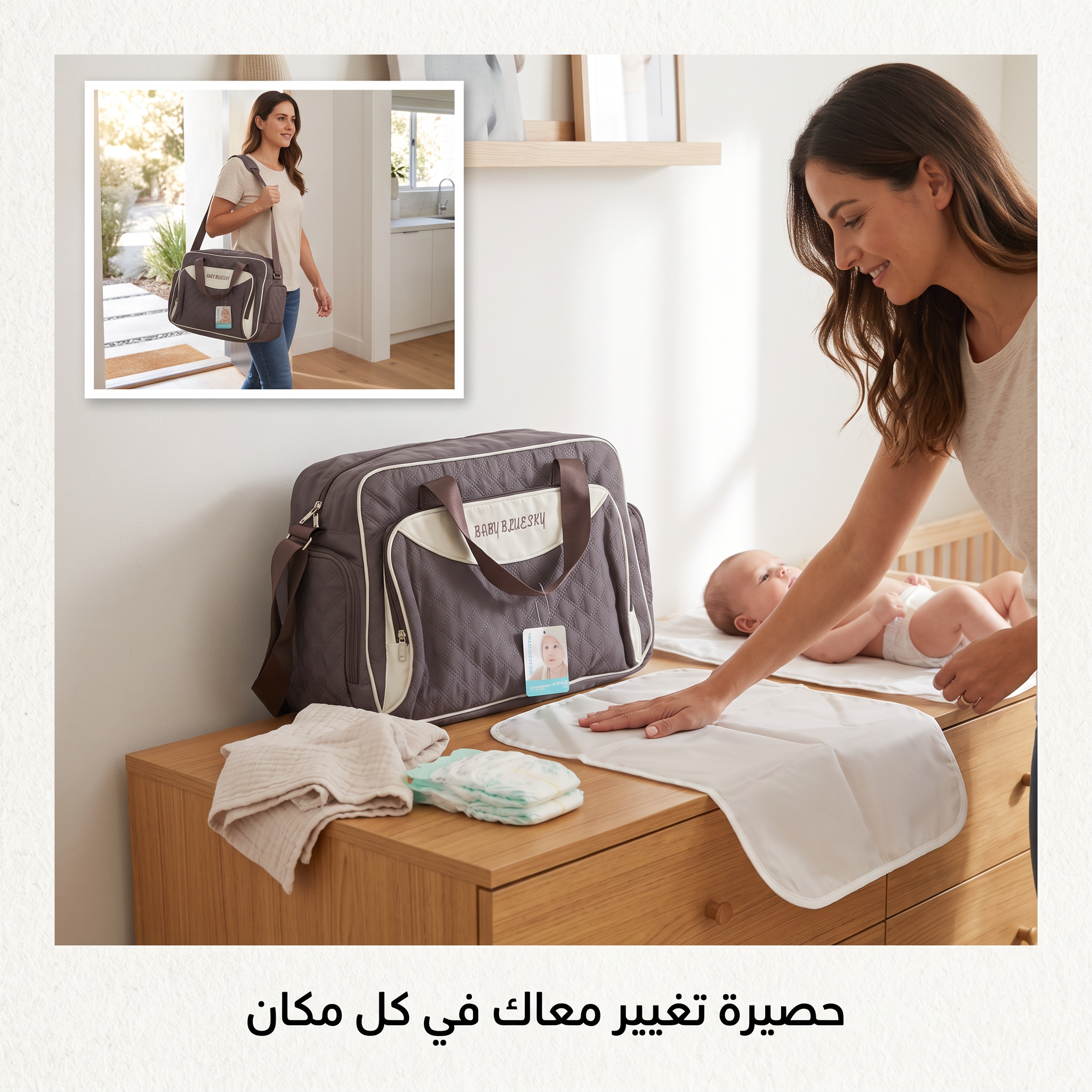 حقيبة ظهر كبيرة السعة للأم والطفل مصنوعة من البوليستر مع مساحة تخزين مدمجة لحفاضات الأطفال