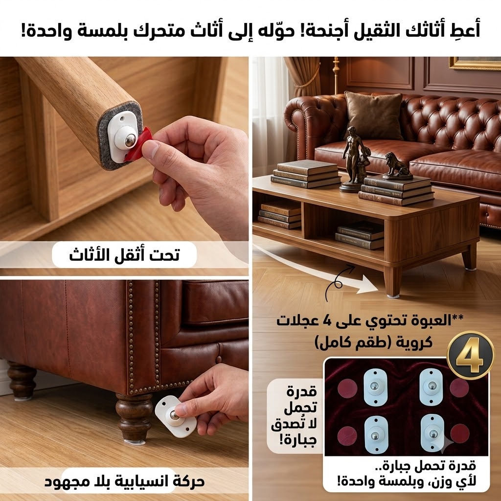4  قطع عجلات دوارة لاصقة صغيرة بزاوية 360 درجة