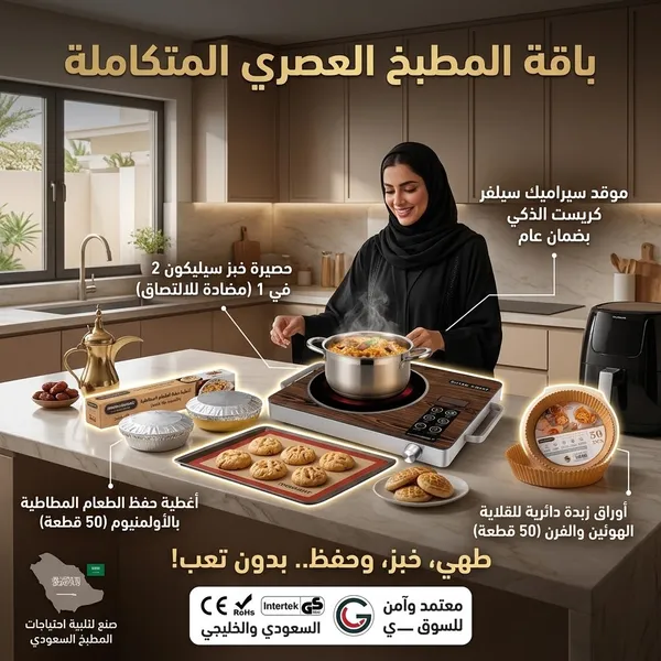 باقة المطبخ العصري المتكاملة(موقد سيراميك سيلفر كريست متعدد الوظائف بضمان عام+حصيرة خبز سيليكون 2 في 1 مضاد للالتصاق والانسكاب (قابل لإعادة الاستخدام)+غطاء حفظ الطعام المطاطي بالألمنيوم – 50 قطعة+أوراق زبدة دائرية للقلاية الهوائية والفرن  للاستعمال مرة)