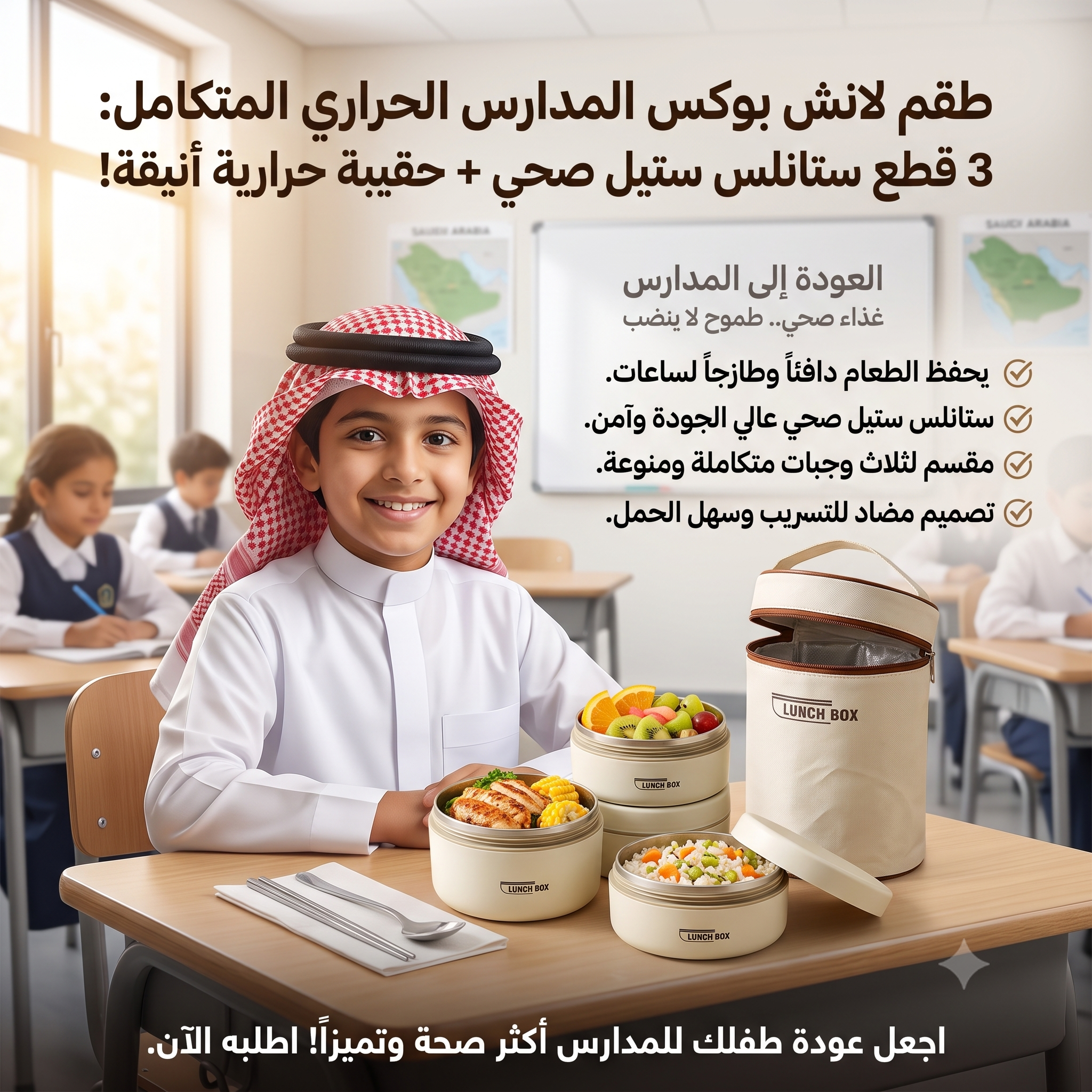 لانش بوكس المدارس الحراري (3 قطع ستانلس ستيل صحي) لحفظ الطعام دافئاً وطازجاً + حقيبة هدية