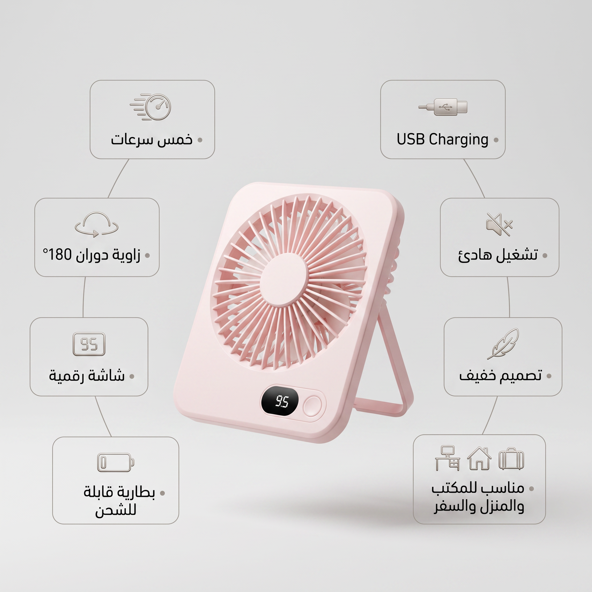 مروحة مكتب وسفر محمولة تعمل بالشحن (5 سرعات وشاشة LED)