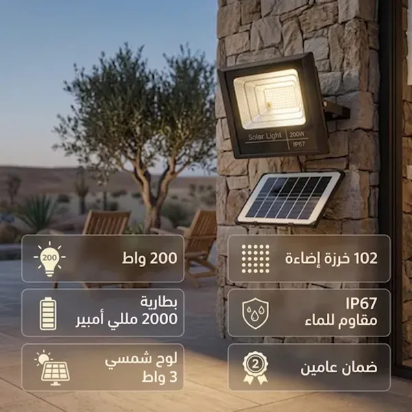 عرض 2 كشاف بالطاقة الشمسية 200 واط من دينكس - اضائة قوية للمساحات الكبيرة - بريموت للتحكم عن بعد  (ضمان عامين )