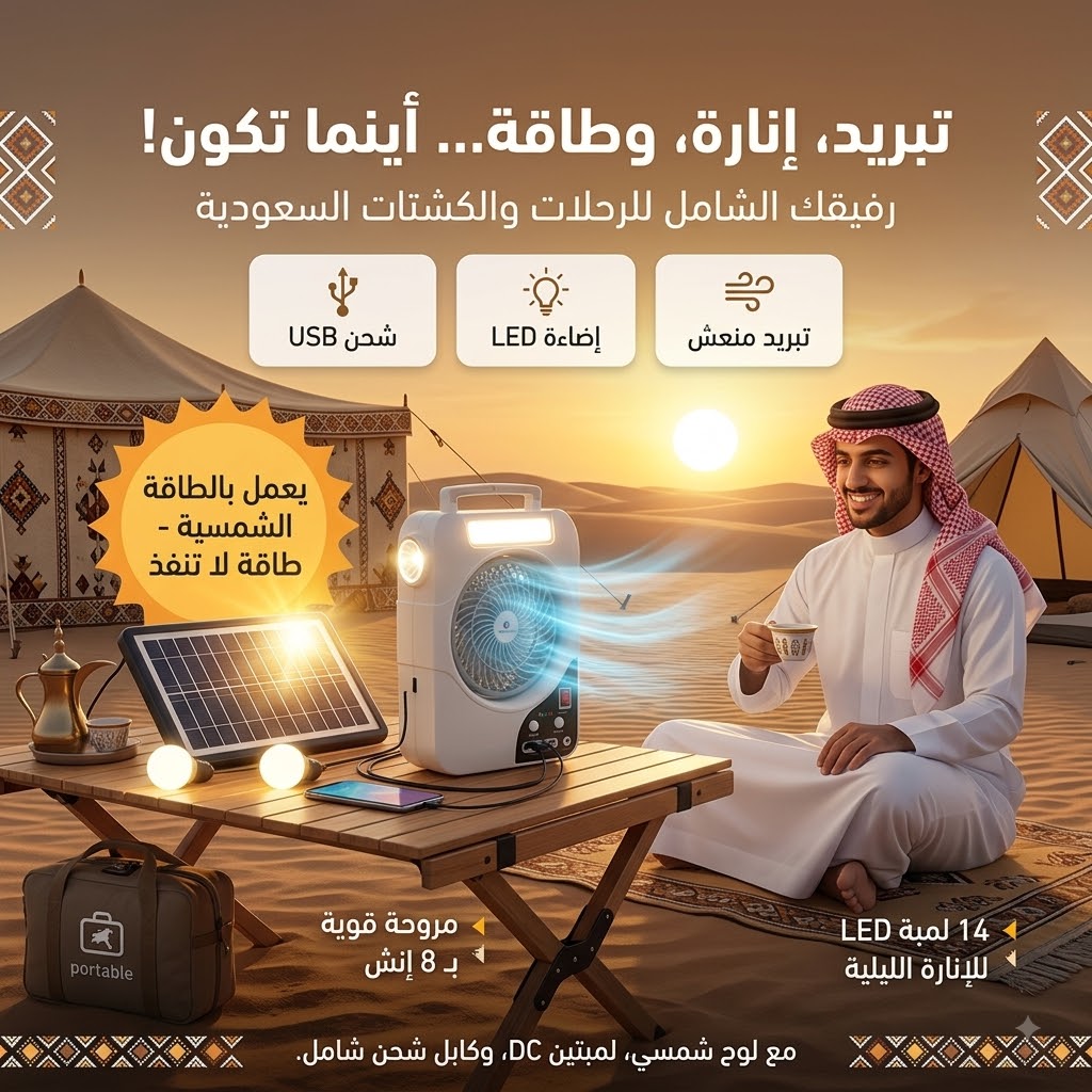مروحة كشتات شحن بالطاقة الشمسية