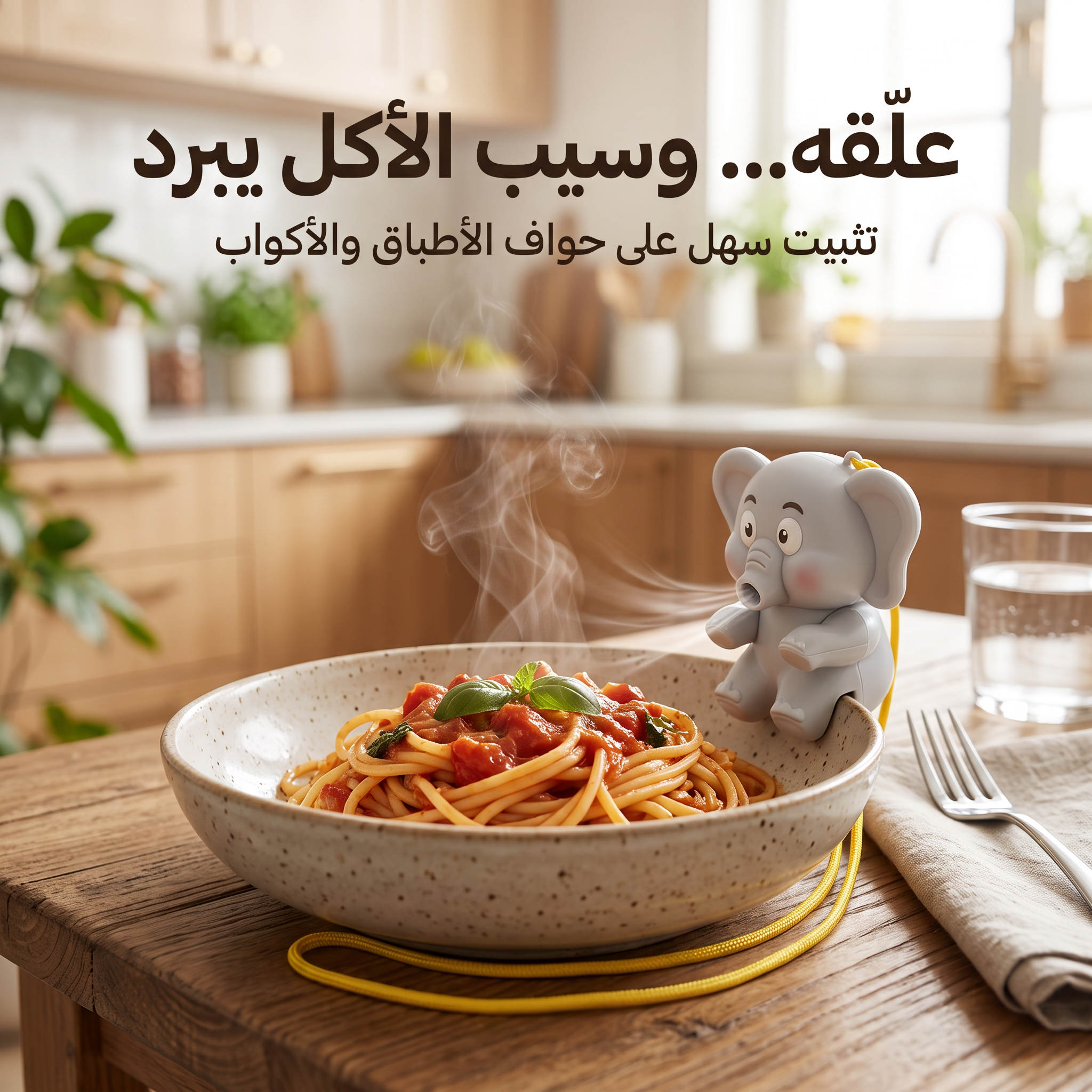مروحة الفيل لتبريد الطعام معلّقة على طبق مكرونة