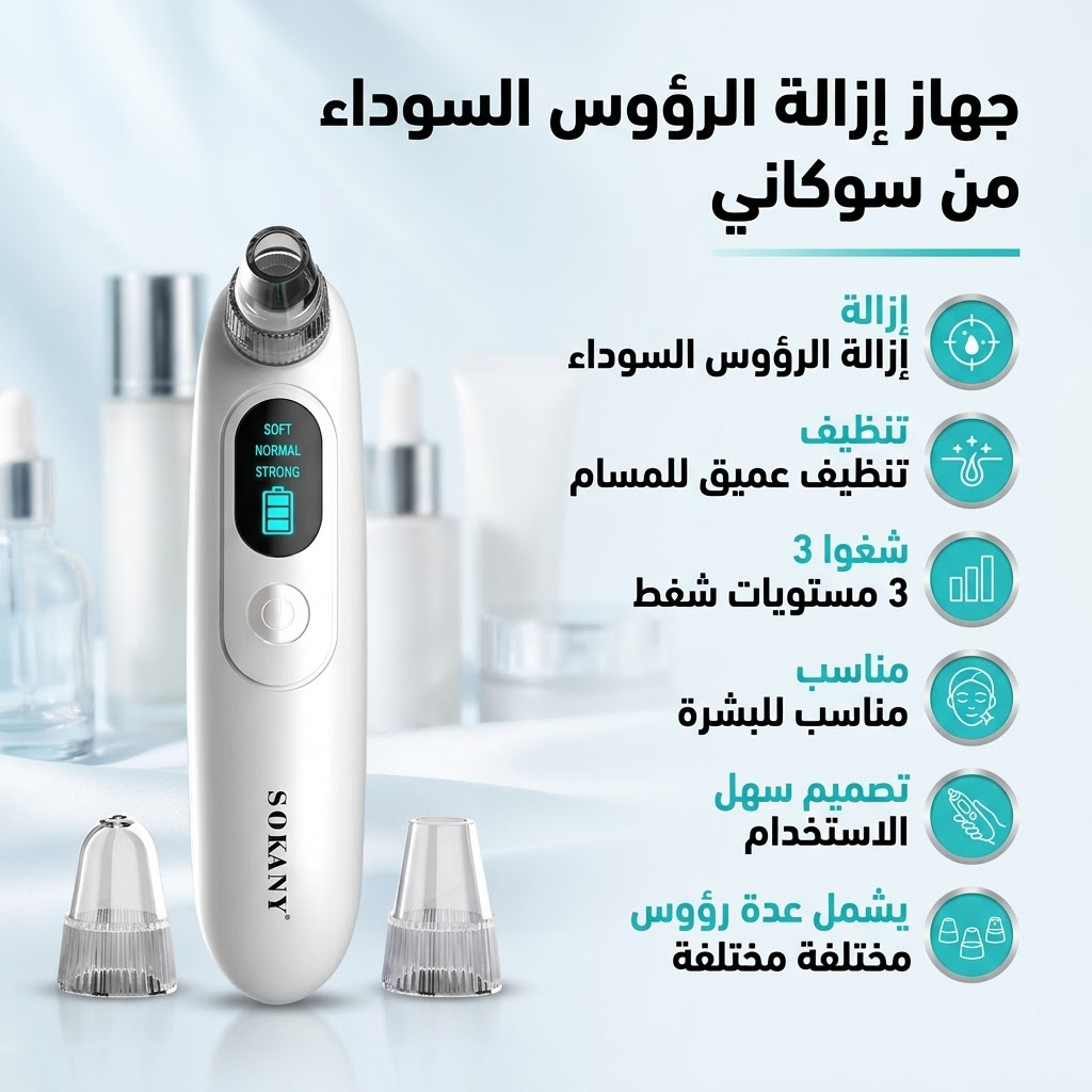 جهاز إزالة الرؤوس السوداء 3 * 1 للعناية بالبشرة  مع شفط قابل للتعديل من سوكاني - أبيض