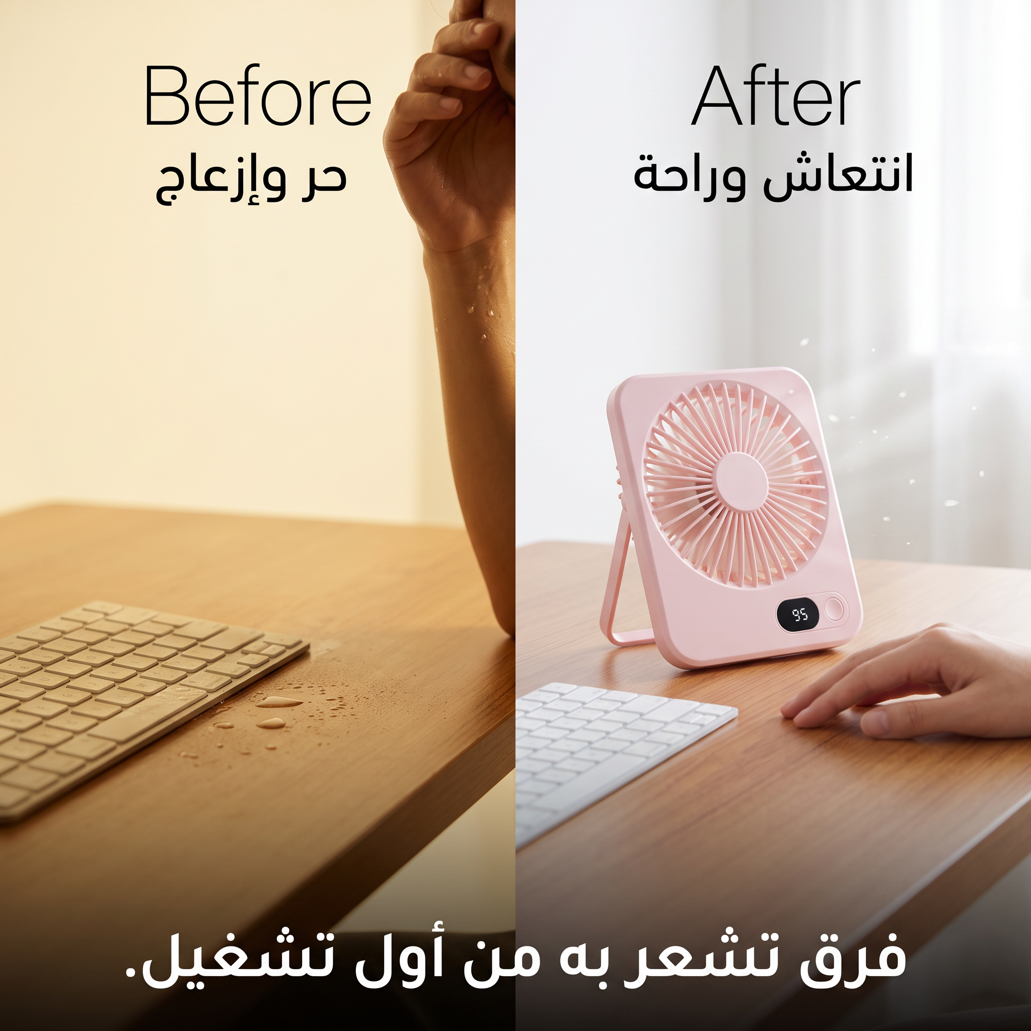 مروحة مكتب وسفر محمولة تعمل بالشحن (5 سرعات وشاشة LED)