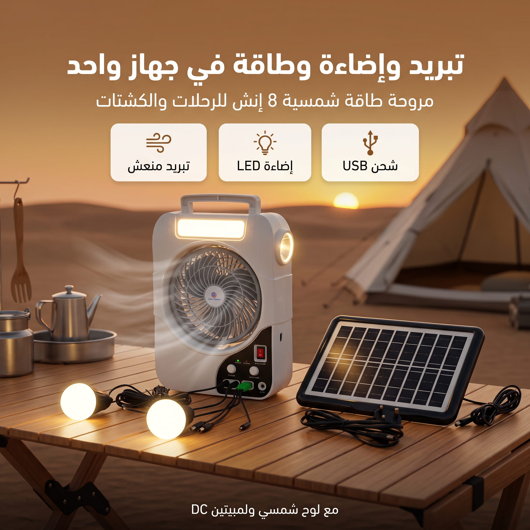 مروحة كشتات شحن بالطاقة الشمسية