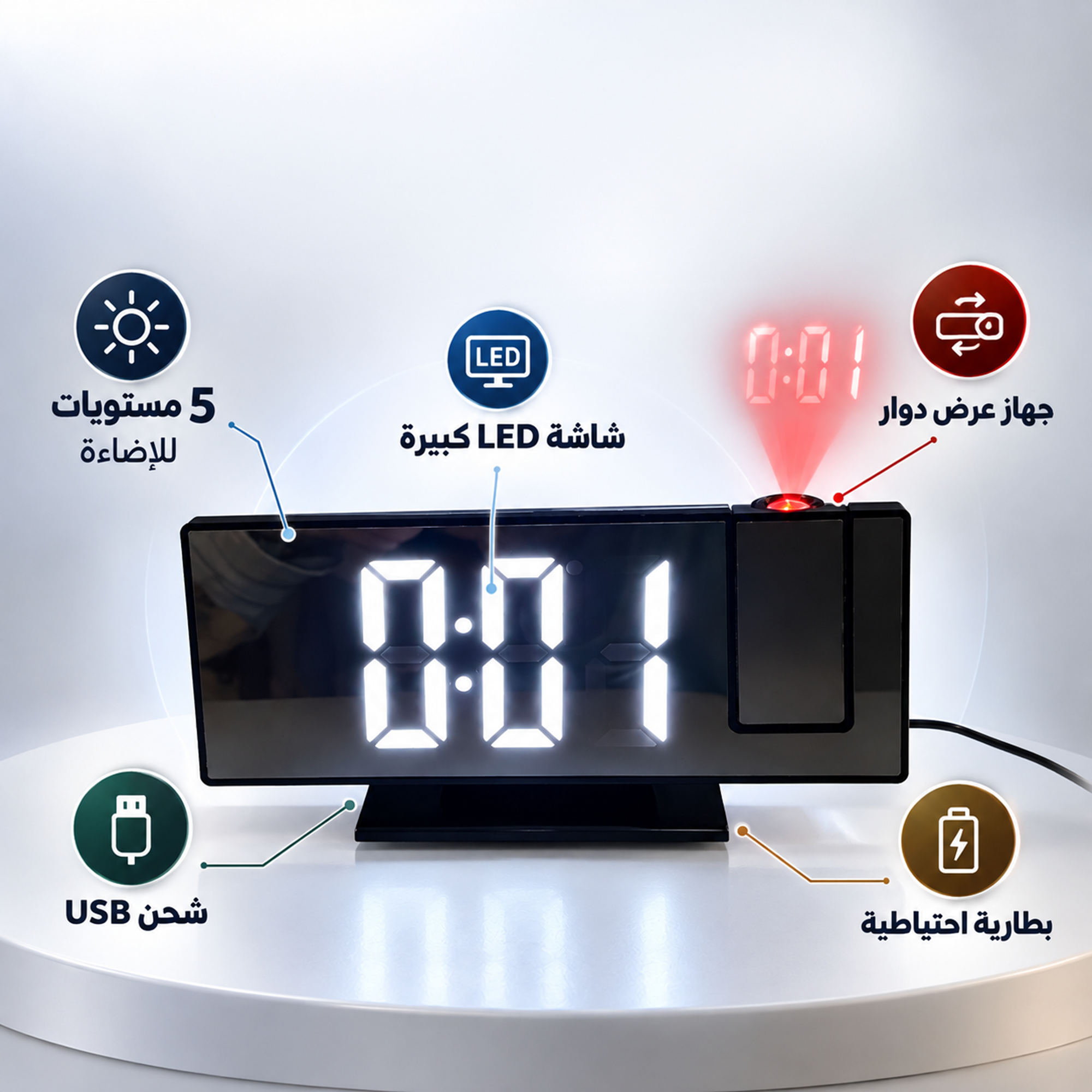 ساعات منبه رقمية للغرف مع شاشة LED كبيرة وجهاز عرض دوار وخمسة مستويات إضاءة وشاحن USB وبطارية احتياطية