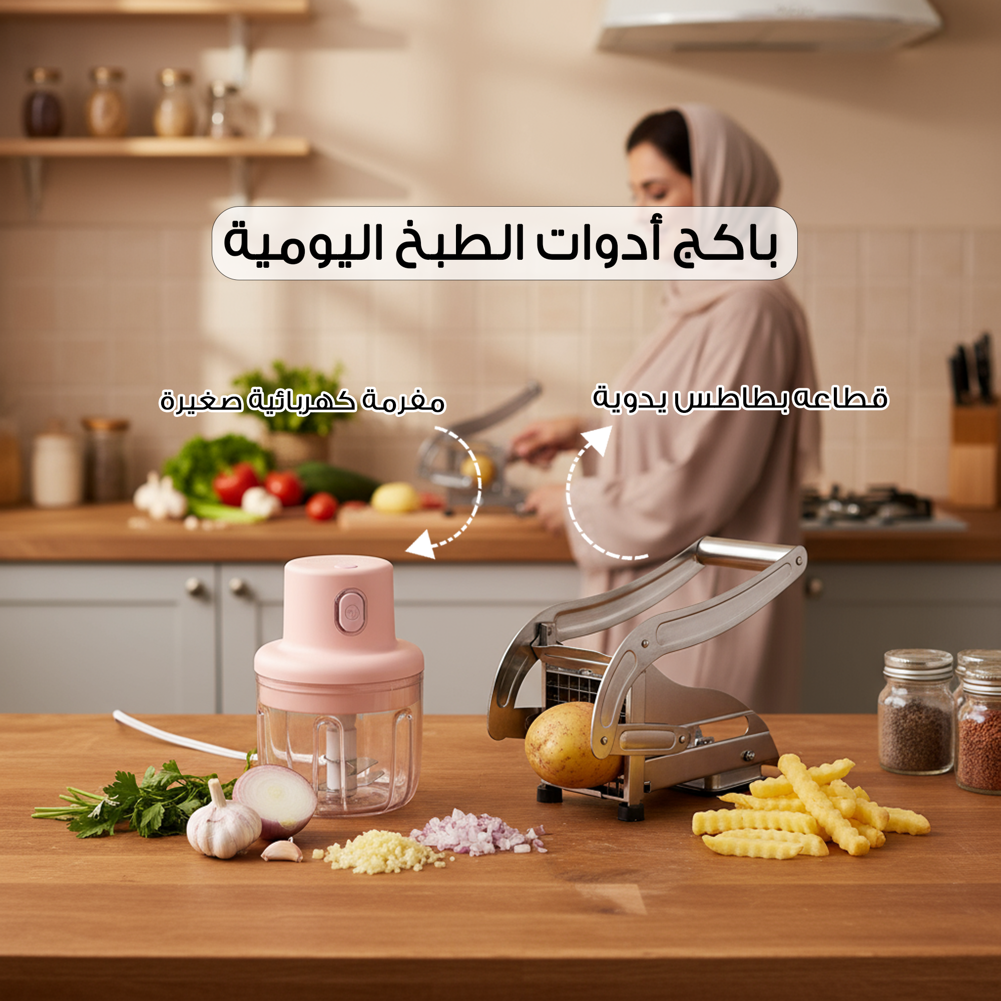 عرض المطبخ العملي: قطاعة بطاطس + مفرمة كهربائية