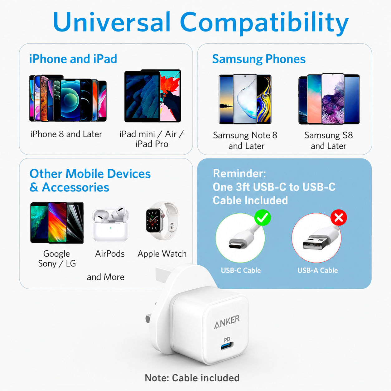 عرض Anker Power Port Nano-20W + كابل شاحن USB متعدد 15 سم، شحن سريع 3 في 1 (Lightning, Type-C & Micro USB)