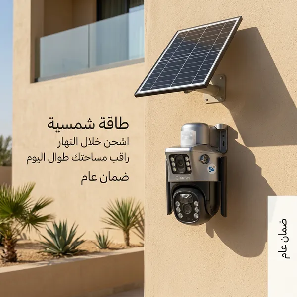 كاميرا مراقبة مزدوجة بالطاقة الشمسية 8MP مع شريحة 4G/5G وWiFi – دوران 360° ورؤية ليلية ملونة